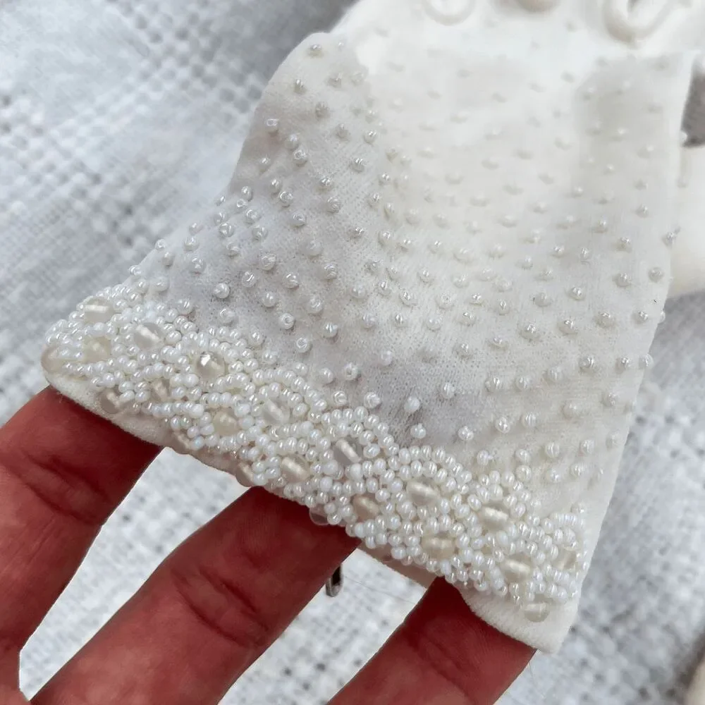 VTG Beaded Pearl Embellished Stretch Dress Gloves Wedding Bridal Opera Gloves
